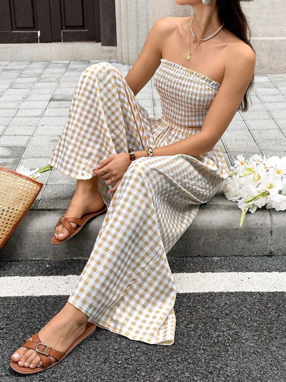 Apricot Boho Women's Vacation Plaid Bandeau Top and Pants Set - Picture 7 of 8